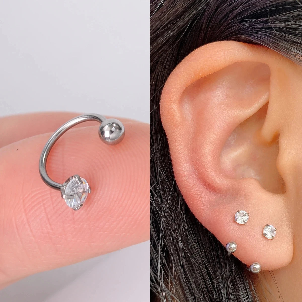 1 Pair Sterling Silver Tragus Helix Stud Earrings - Zircon Hoop Nose Ring Conch Piercing Jewelry